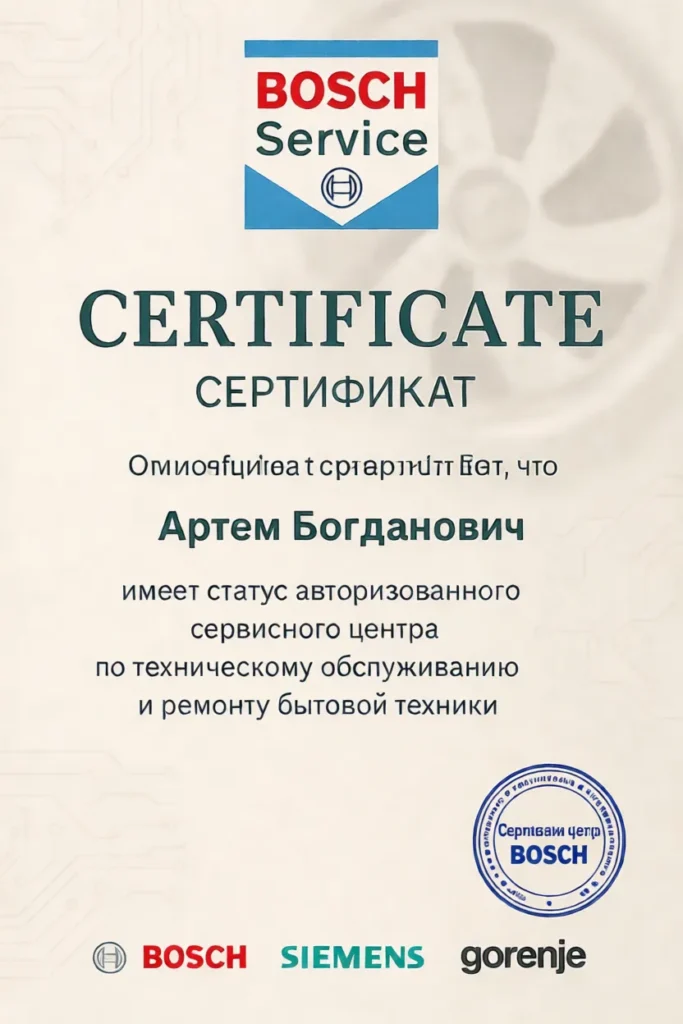 Сертификат о том что Богданович Артём является мастером по ремонту бытовой техники Bosch